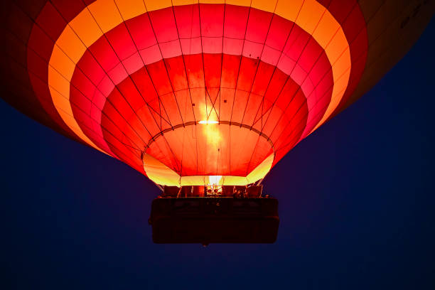 Stuttgart, Germany - January 15, 2022: Ballooning. Air vehicle with advertising for Bw Bank. Round object against blue sky. Bare branches.