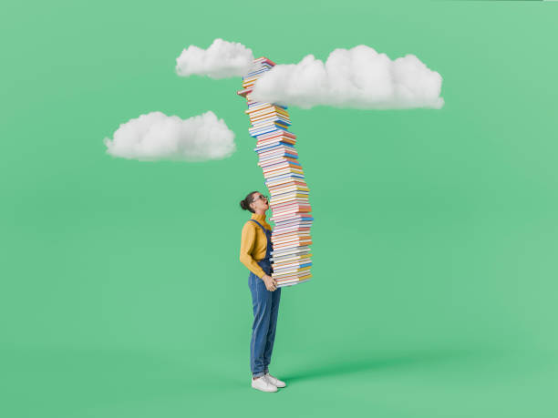 Woman Balancing Tall Stack of Books with Clouds on Green Background