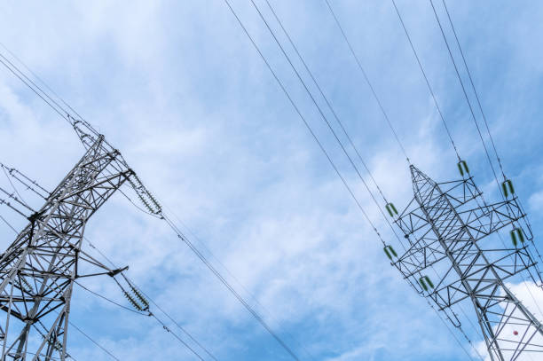 istock Electricity power pole with transmission lines 2165840615