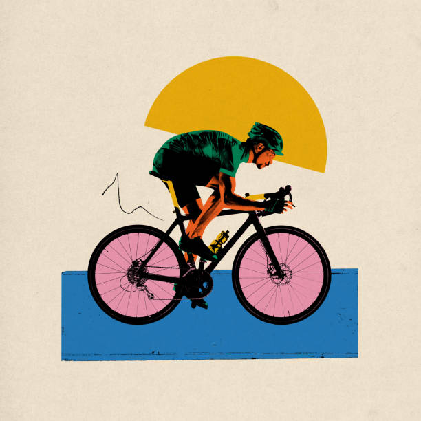 istock Poster. Contemporary art collage. Dynamic and colorful artwork featuring cyclist in motion against minimalist backdrop. 2165841254