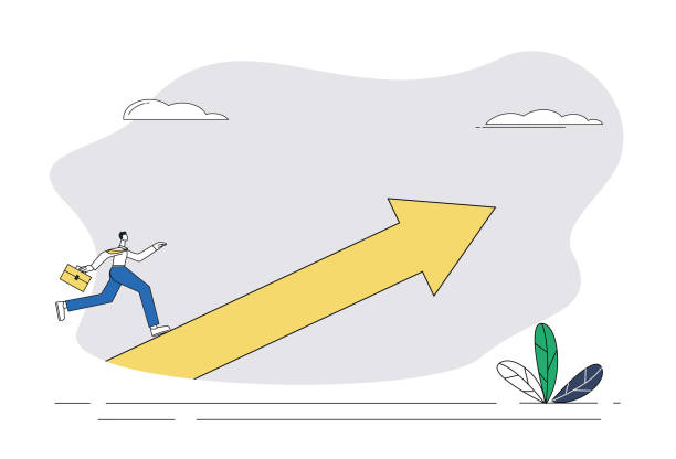 istock White collar worker follows the arrow and runs upwards, rushing towards the target.. 2165846220