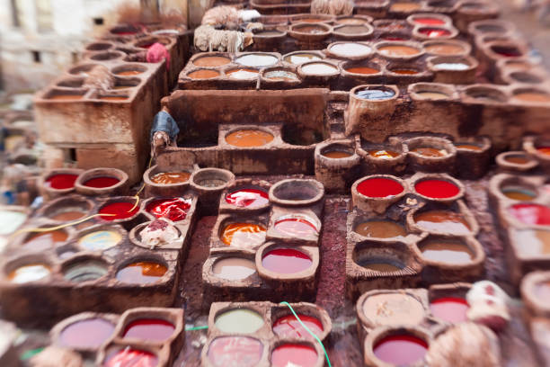 Fez, Morocco - View of Tenerias de Fez, workers carefully handling and dyeing leather in the historic tannery of Fez, using traditional techniques.