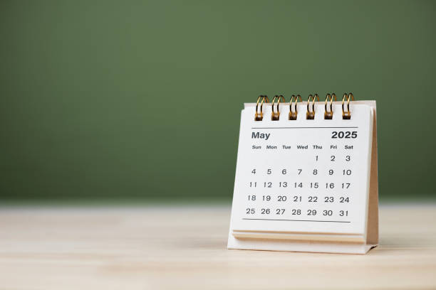 Calendar page May of the year 2025 white color on green background. Calendar page May of the year 2025 white color on green background. with copy space and business design. concept of planning and setting new strategic goals. the may pictures stock pictures, royalty-free photos & images