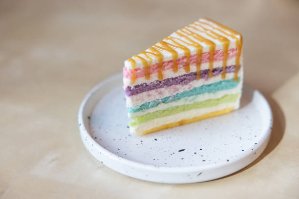 istock A slice of rainbow cake with a yellow stripe on it 2165866945