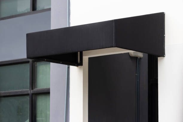 istock A black awning is attached to a building 2165866974