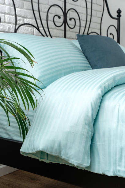 istock Mint Green Striped Bedding on a Black Metal Frame Bed 2165869242