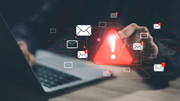 istock Email safety and protection. Features alerts, spam messages, and notifications with warnings about viruses and hacking. Highlights the importance of strong passwords, firewalls, and privacy. 2165871293