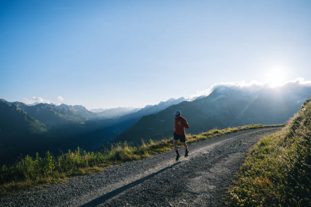 istock Trail runner bounds along mountain road 2165874525