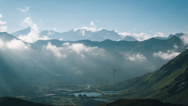 istock Elevated view of mountain ranges, lake and mist 2165875544