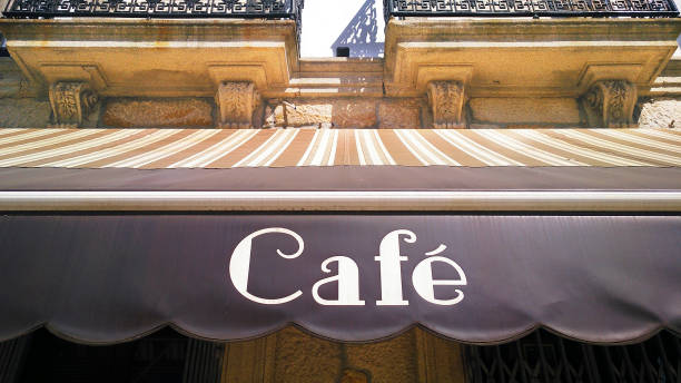 istock Awning with cafe commercial sign. 2165878656