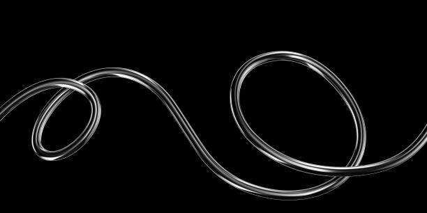 istock Chrome metal wavy squiggle line 3D element. Tangled silver bent curve line background 2165878805