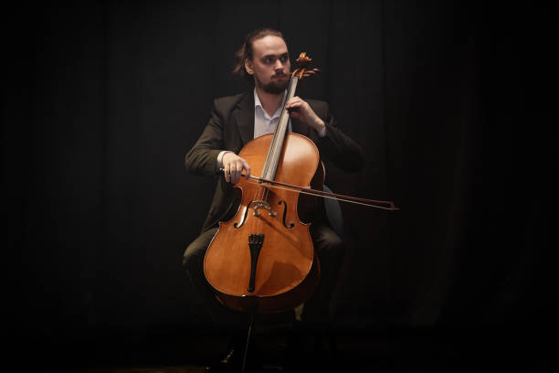 istock Virtuoso Cellist Performing Suite on Dark Stage 2165879027