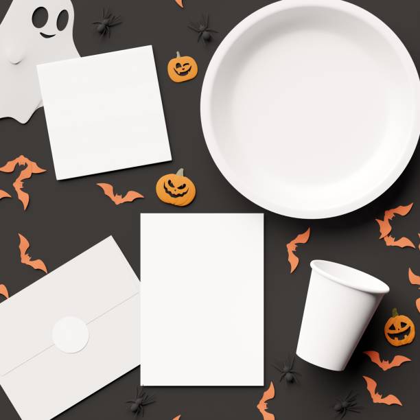 Decorative Halloween concept white plate, cup, napkin, invitation card, envelope with sticker mock up with copy space