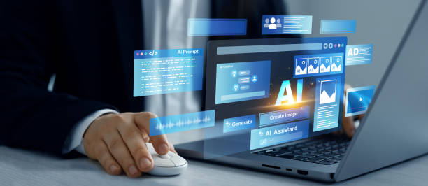 istock Person using laptop with Ai Content Generator. Interaction with the Ai assistant to solve some tasks more easily. Image generator, documents, marketing and advertising, bot writing and coding. 2165882266