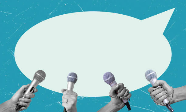 istock Contemporary art collage featuring a hand with microphone and message bubble. 2165884341