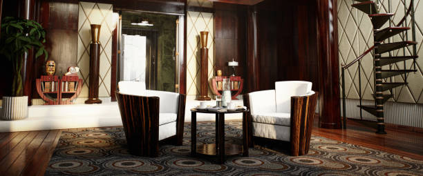 Digitally generated elegant Art Deco living room featuring modern furniture, a spiral staircase, and sophisticated décor. The room includes stylish wooden accents, plush white chairs, and intricate patterned rugs, creating a luxurious and vintage ambiance.\n\nThe scene was created in Autodesk® 3ds Max 2025 with V-Ray 6 and rendered with photorealistic shaders and lighting in Chaos® Vantage with some post-production added.