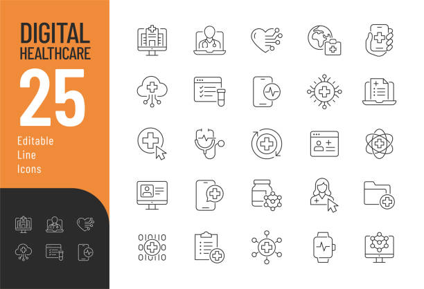 illustrazioni stock, clip art, cartoni animati e icone di tendenza di set di icone modificabili della linea di assistenza sanitaria digitale. - ambulatorio medico