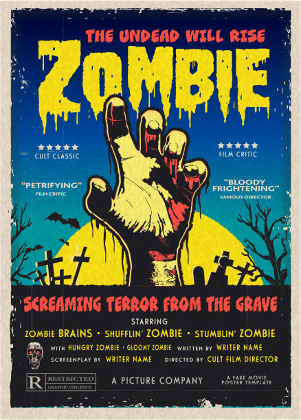 stockillustraties, clipart, cartoons en iconen met retro and colorful zombie advertisement halloween poster template with zombie hand, flyer, leaflet, banner - horror