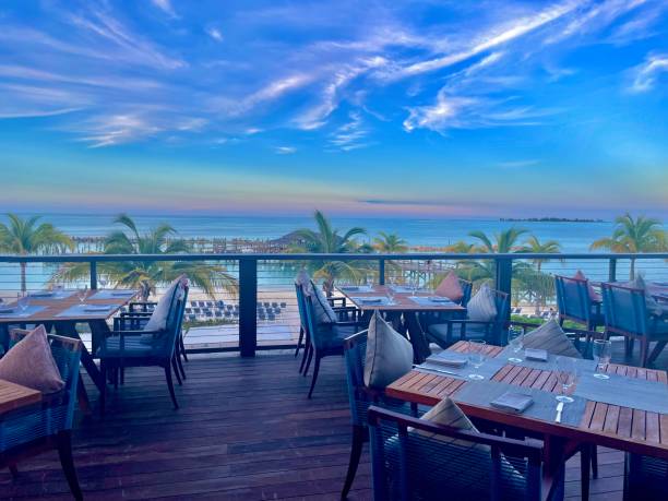 istock Restaurant overlooking Bahamas beach with palm trees after sunset 2165889587