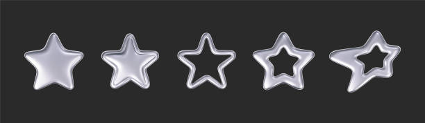 istock 3d chrome stars set in y2k futuristic style isolated on dark background. Render 3d cyber chrome galaxy emoji with falling and flying stars, blings and sparks. 3d vector y2k illustration 2165893468
