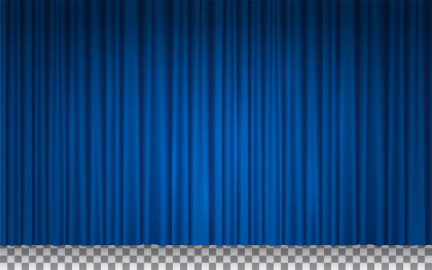 Blue curtain for stage in theater, cinema or circus Blue curtain for stage in theater, cinema or circus. Blue velvet drapes for movie theatre, show scene, comedy club. Curtains isolated on transparent background, vector realistic illustration classic curtains stock illustrations
