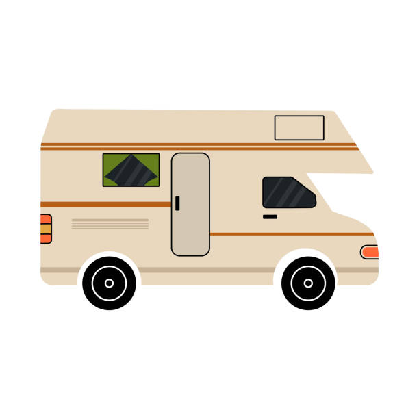Camper car. Holiday caravan, van or vintage trailer, motorhome for adventures, camping RV. Mobile auto vehicle for travel, vacation in campsite. Vector cartoon flat isolated nature illustration