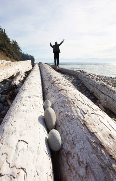 istock Woman balances on log on beach, Vancouver Island 2165901407