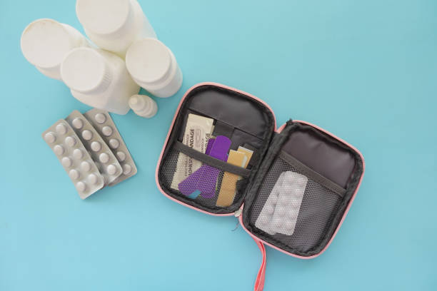 istock adhesive bandage and a bag on table 2165904198