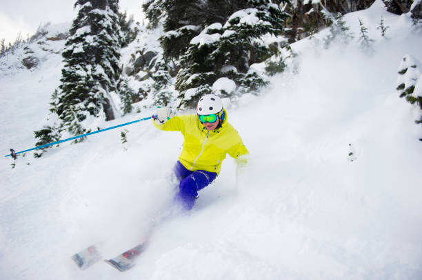 istock Man skis fresh powder snow through forest 2165910208