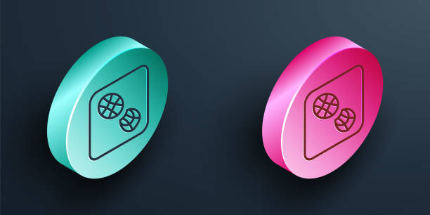 istock Isometric line Human footprints shoes icon isolated on black background. Shoes sole. Turquoise and pink circle button. Vector 2165913570