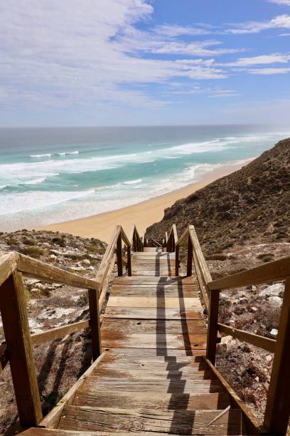 istock stairs leading down to a pristine beach with turquoise waves and a partly cloudy sky 2165914225