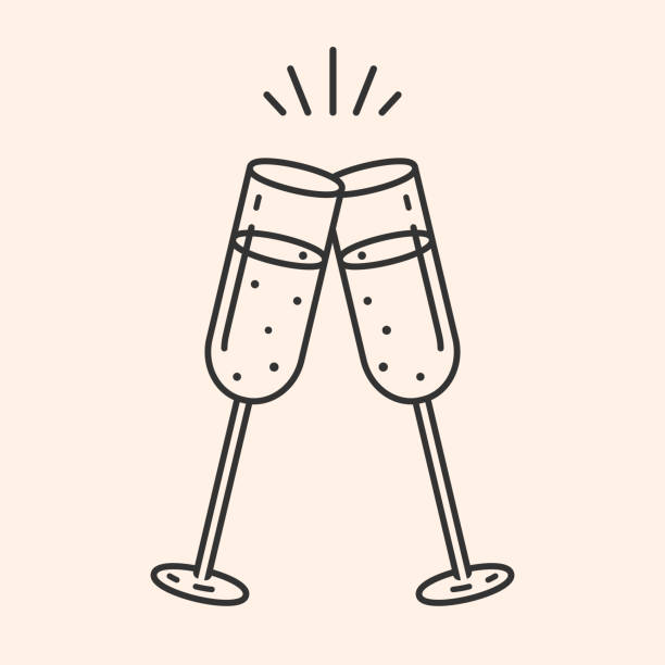 Champagne icon. Creative two sparkling wine glasses icon for greeting cards, postcards, invitations, menu design.New Years, Christmas Celebration,Party symbol.Cheers.Vector illustration EPS 10. Champagne icon. Creative two sparkling wine glasses icon for greeting cards, postcards, invitations, menu design.New Years, Christmas Celebration,Party symbol.Cheers.Vector illustration EPS 10 celebratory-toast stock illustrations
