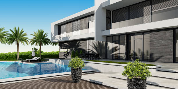istock [8k panoramic image] Modern Villa contemporary architectural design with garden and swimming pool 2165935419