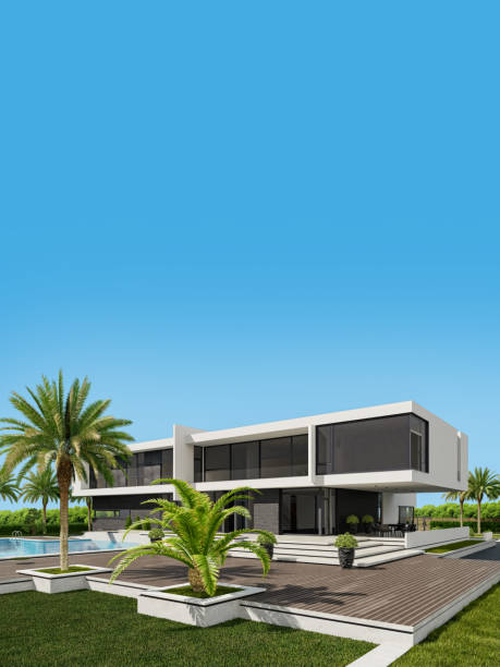 istock [8k image] Modern Villa contemporary architectural design with garden and swimming pool. Large copy space 2165935421