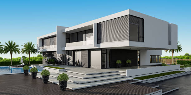 istock [8k panoramic image] Modern Villa contemporary architectural design with garden and swimming pool 2165935548
