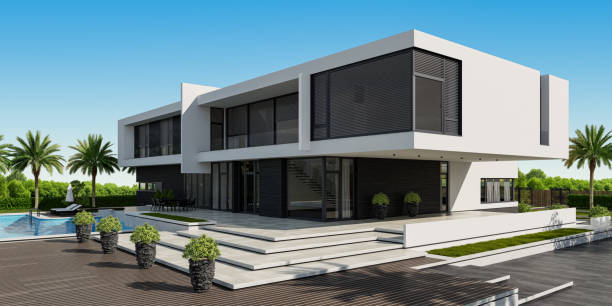 istock [8k panoramic image] Modern Villa contemporary architectural design with garden and swimming pool 2165935564