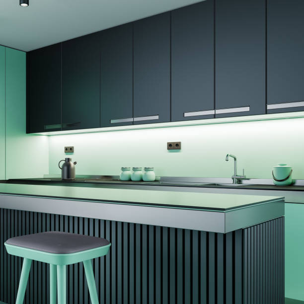 istock Black and green Modern minimalist kitchen with long island. Dark materials. 2165935615