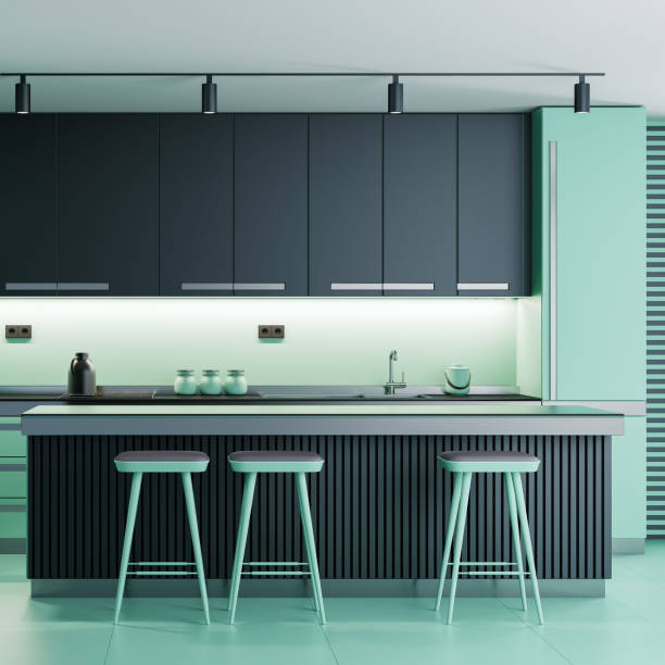 istock Black and green Modern minimalist kitchen with long island. Dark materials. 2165935639