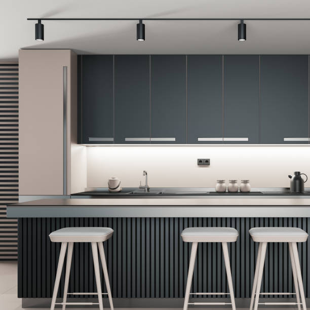 istock Black and beige Modern Luxury minimalist kitchen with long island. Dark materials. 2165935825