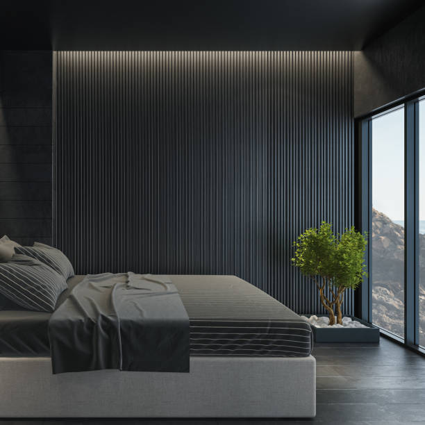 istock Modern dark luxury design bedroom with stone tiles 2165935904
