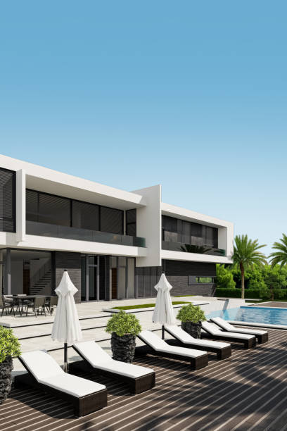 istock Modern Villa contemporary architectural design with garden and swimming pool 2165936049