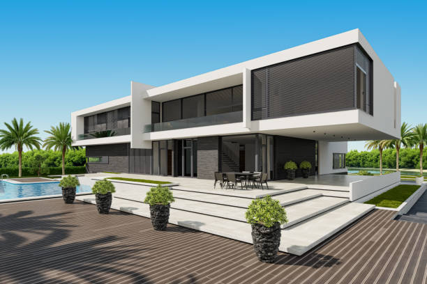 istock Modern Villa contemporary architectural design with garden and swimming pool 2165936229