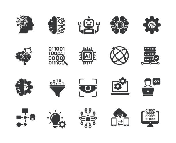 bildbanksillustrationer, clip art samt tecknat material och ikoner med aritficial intellegence solid icons collection. containing machine, brain, binary code, robot solid icons collection. vector illustration. for website design, logo, app, template, ui, etc. - robot