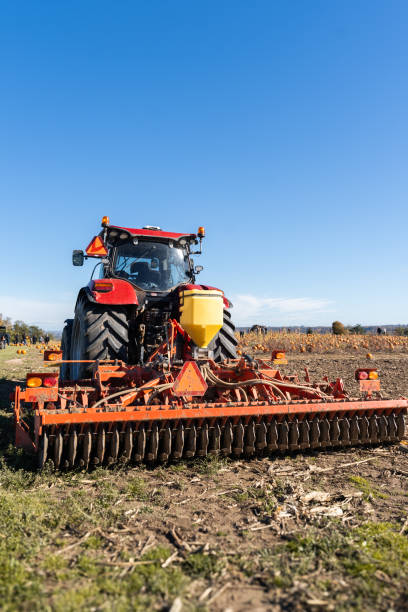 istock Red tractor working in a pumpkin crop 2165946223