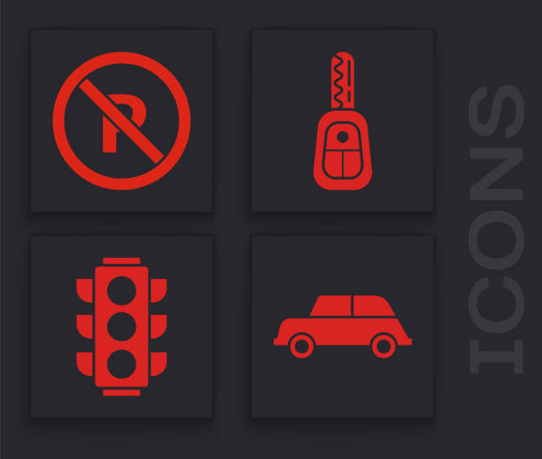 istock Set Car, No Parking or stopping, Car key with remote and Traffic light icon. Vector 2165948655