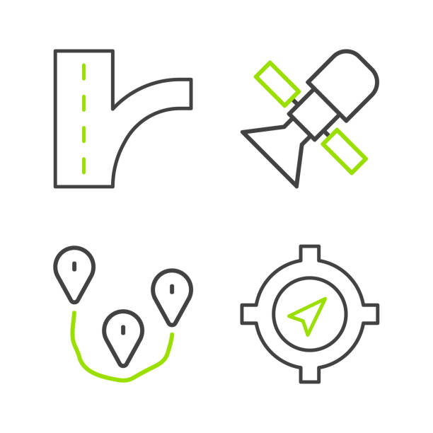 istock Set line Compass, Route location, Satellite and Road traffic sign icon. Vector 2165953874