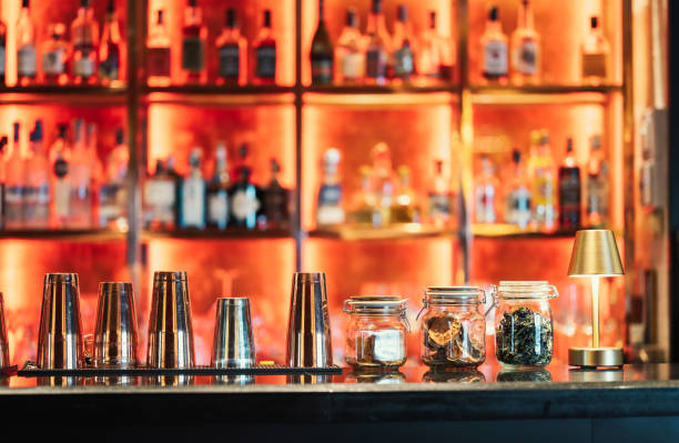 istock Empty pub and bar decoration for working tool of the bartender and a prepared cocktail on the bar in the nightclub 2165960553