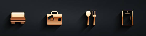 istock Set Hotel room bed, Suitcase, Fork and spoon and Shower cabin icon with long shadow. Vector 2165962352