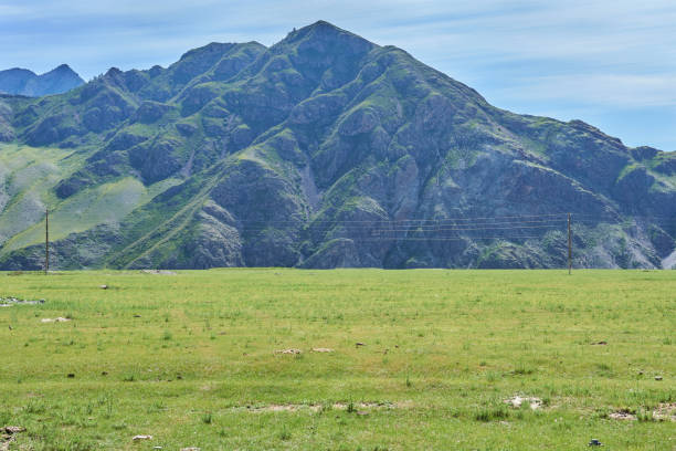 Mountain landscape with green grass and blue sky.
