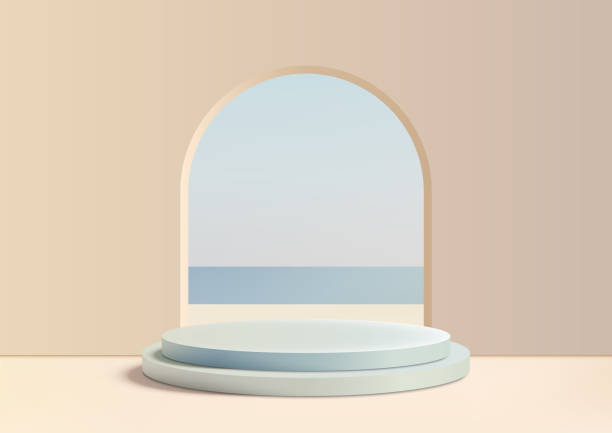 istock Minimalist 3D Soft Blue Podium with Arched Doorway and Ocean View for Nature Inspired Product Display 2165975938